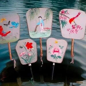 5 Feng Shui Decor Chinese Asian Bamboo Rice Vintage Hand Painted Fans